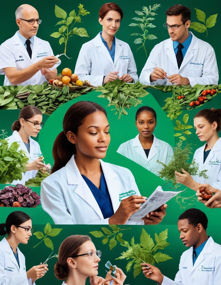A captivating collage illustrating cutting-edge tumor research juxtaposed with holistic care, featuring laboratory scenes, DNA strands, and nature elements like green leaves and healing herbs. Include diverse healthcare professionals interacting with patients, emphasizing empathy and innovation. The background should blend laboratory technology with soothing natural imagery, symbolizing a harmonious approach. vibrant colors. super-realistic.