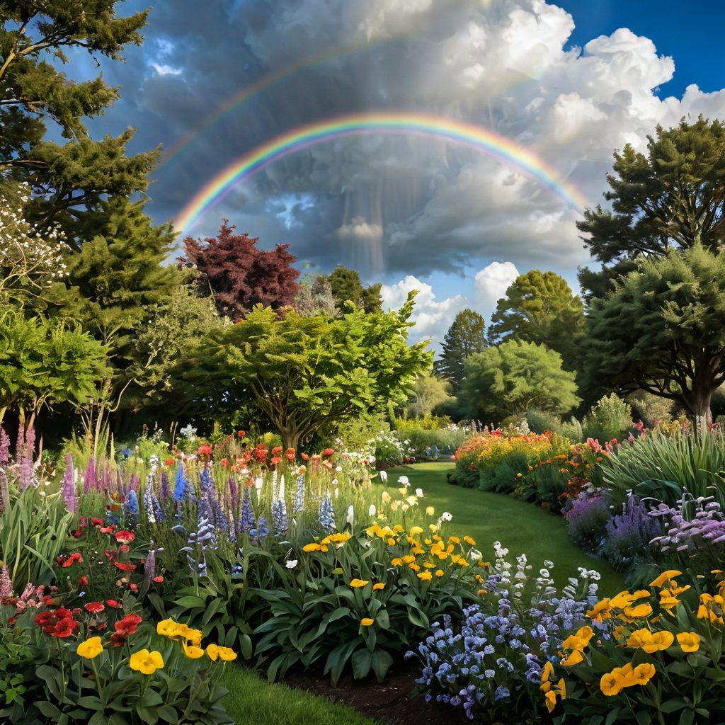 A serene landscape depicting a rainbow emerging from clouds over a peaceful garden filled with diverse flowers, embodying hope and healing. In the foreground, a diverse group of people of different ages and backgrounds share stories and support each other, symbolizing the journey from diagnosis to survivorship. Soft light filters through the trees, enhancing the uplifting atmosphere. super-realistic. vibrant colors. natural beauty.